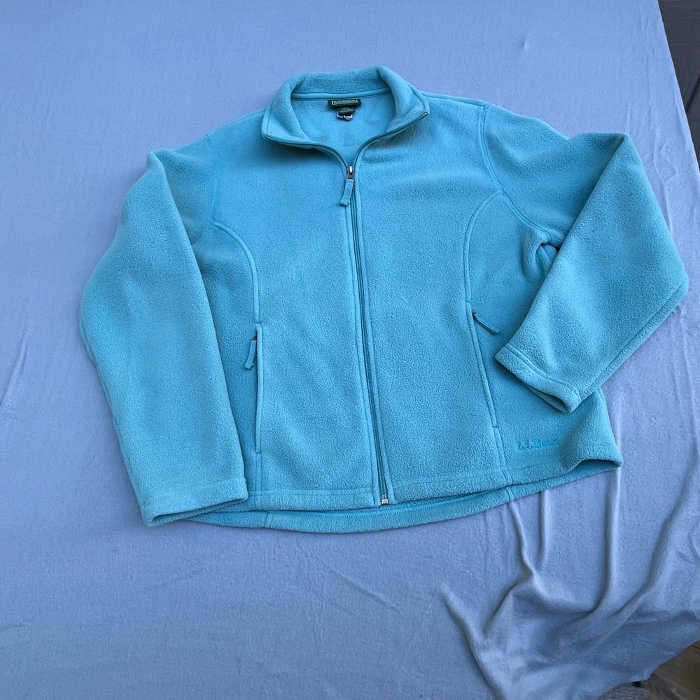 LL Bean Womens Turquoise Blue Full Zip Fleece Jacket Mock Neck Large L-REG